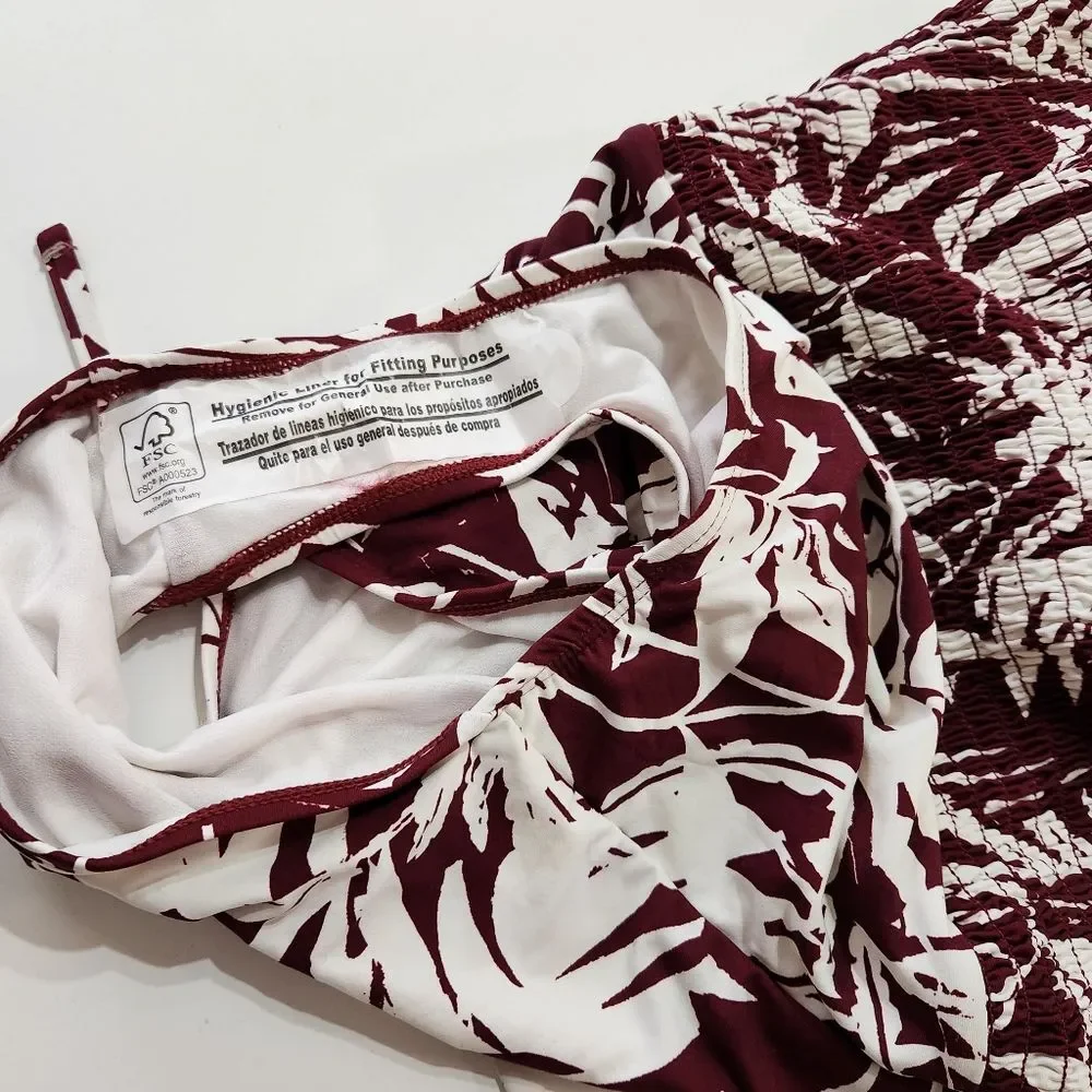 Catalina Tropical Palm Smocked Lace-Up Back Maroon One Piece Swimsuit Small Surf